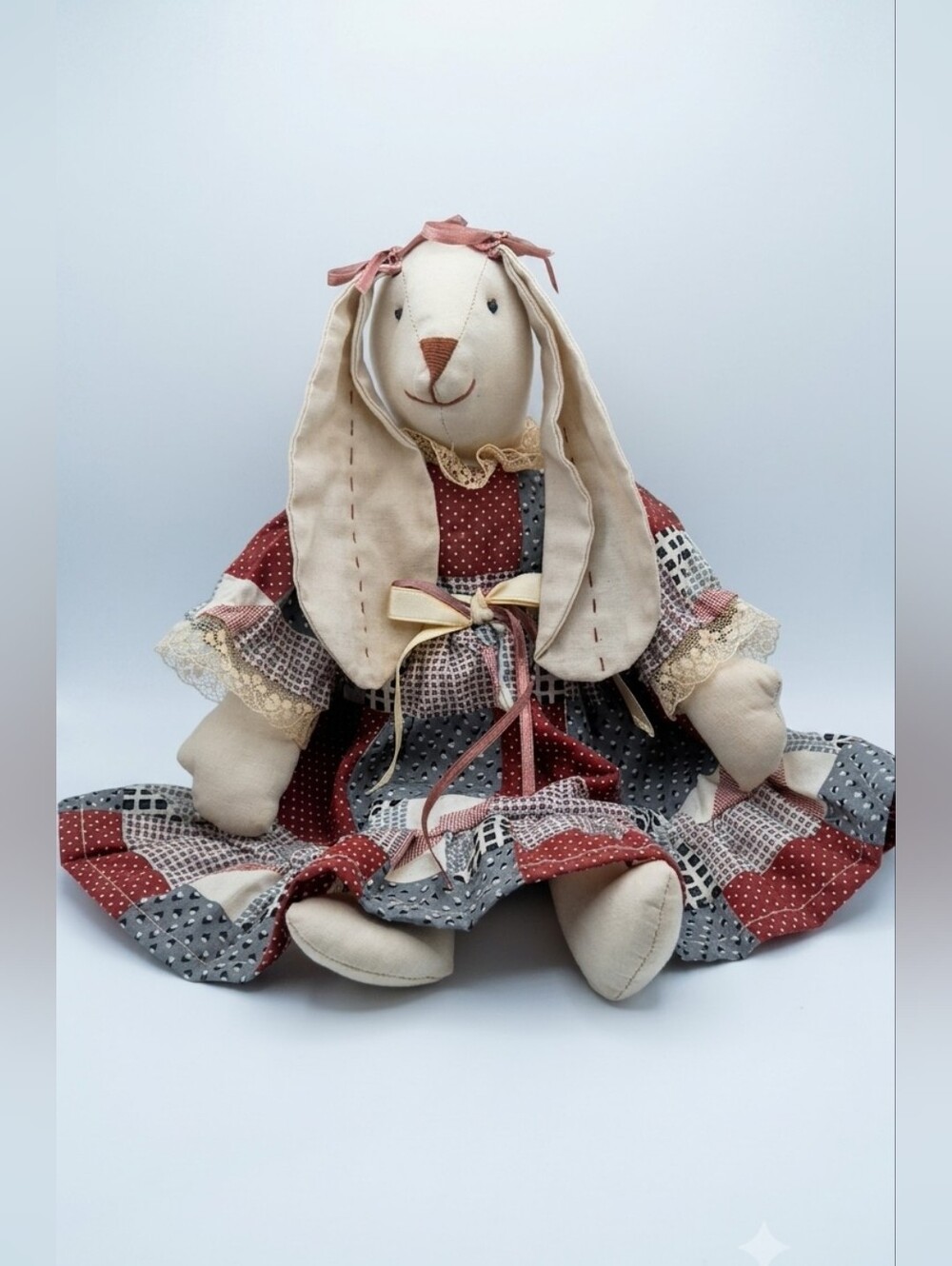 Vtg Primitive Folk Art Patchwork Bunny Doll Handmade Cottagecore Shelf-Sitter